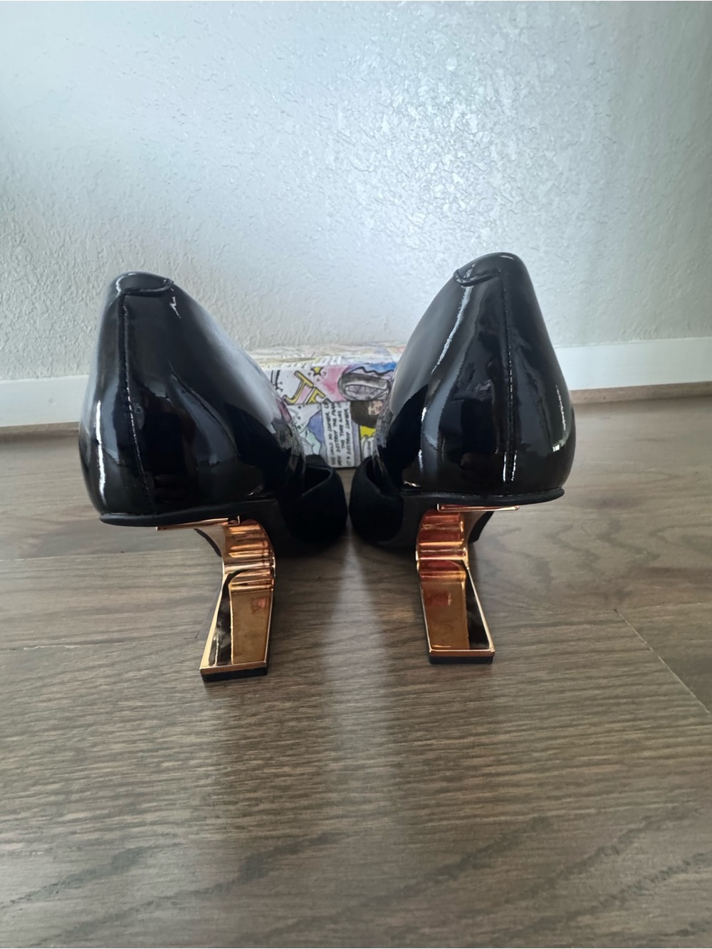 Jeffrey Campbell Black Pointed Pumps with Gold Accent Block Heel - Picture 5 of 6